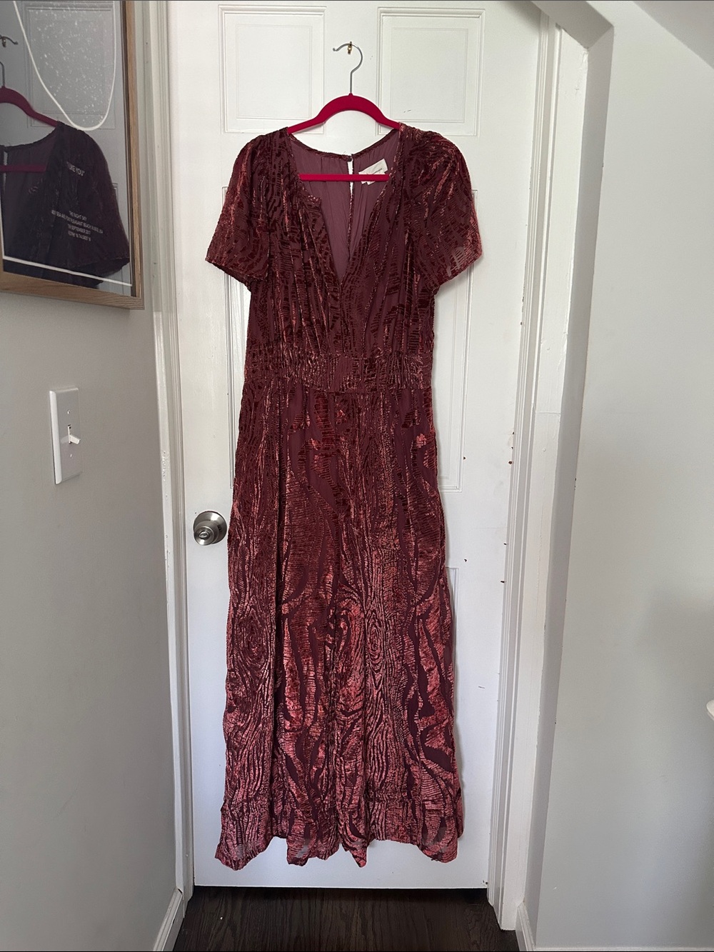 Anthropologie Crushed Velvet Burgundy Maxi Dress